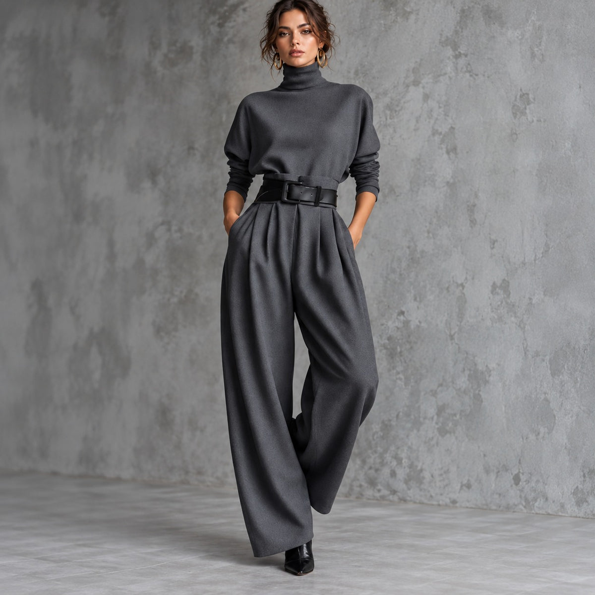 Conjunto Estella™ de Estilo Elegante con Blusa de Cuello Alto y Pantalón de Sastrería con Cinturón