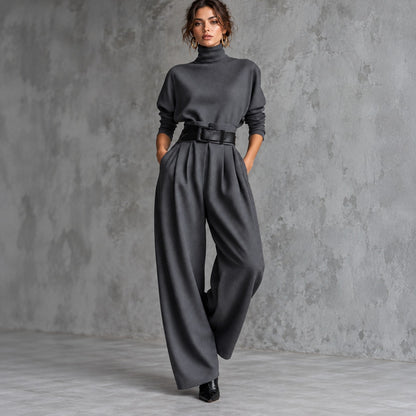 Conjunto Estella™ de Estilo Elegante con Blusa de Cuello Alto y Pantalón de Sastrería con Cinturón
