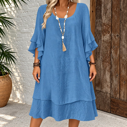 Vestido Cazorla™ con Mangas de Volantes, Corte Amplio y Bajo Escalonado