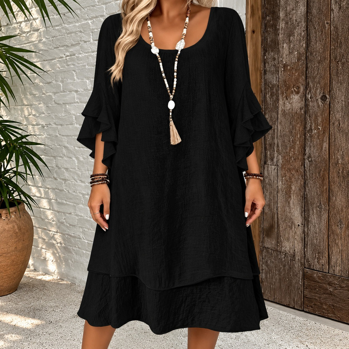 Vestido Cazorla™ con Mangas de Volantes, Corte Amplio y Bajo Escalonado