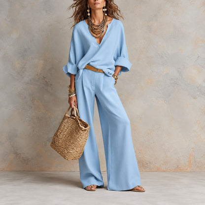 Conjunto Luna™ con Blusa de Escote V Alargado y Pantalón de Pierna Ancha