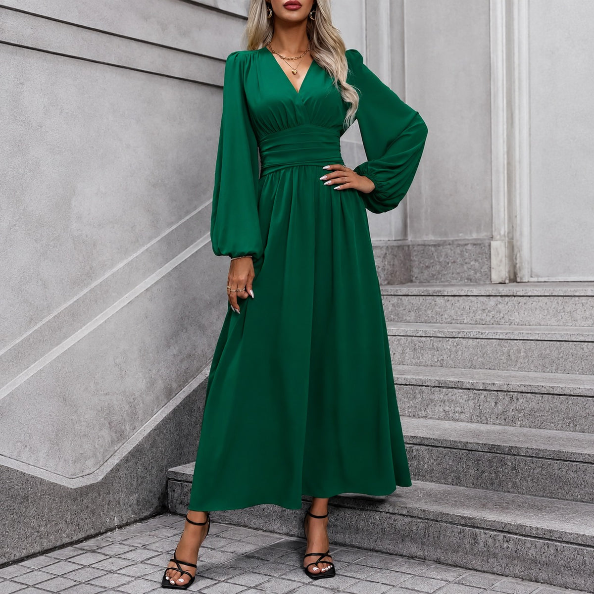 Vestido Isadora™ con Cintura Drapeada y Mangas Abullonadas