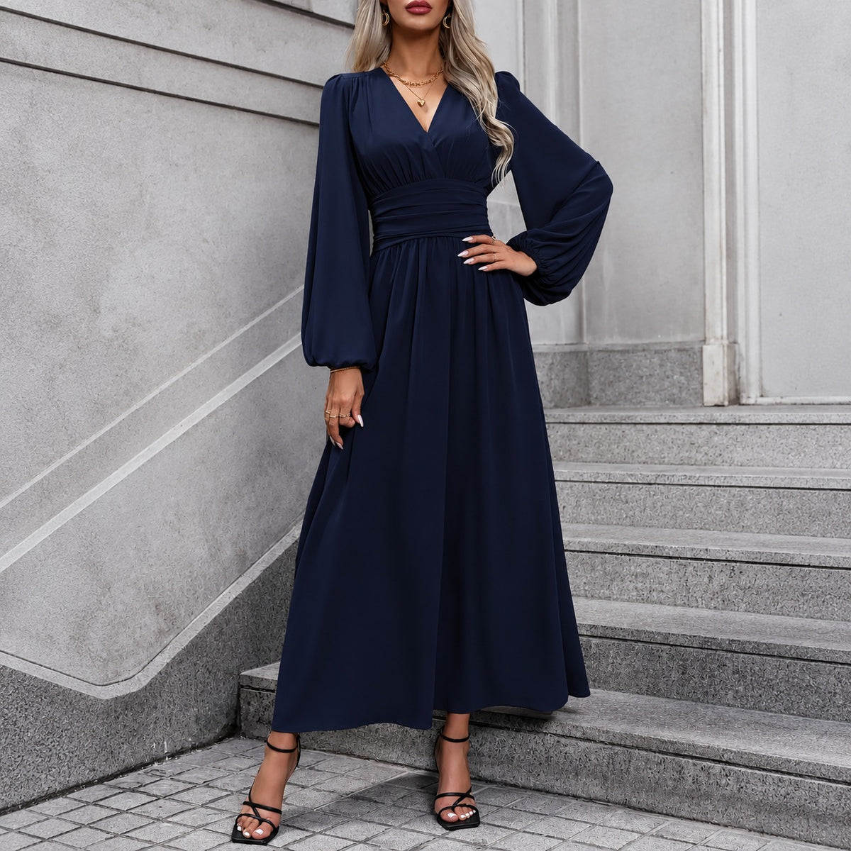 Vestido Isadora™ con Cintura Drapeada y Mangas Abullonadas