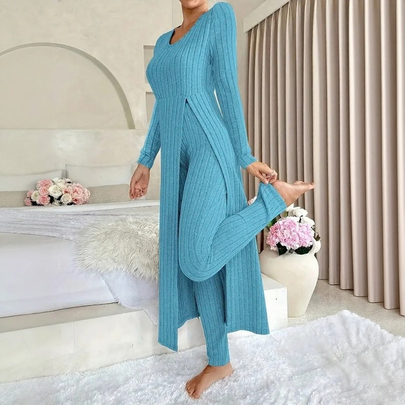 Conjunto Hera™ con Blusa Larga de Efecto Superpuesto y Abertura Lateral, y Pantalón de Cintura Alta