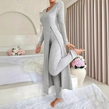 Conjunto Hera™ con Blusa Larga de Efecto Superpuesto y Abertura Lateral, y Pantalón de Cintura Alta