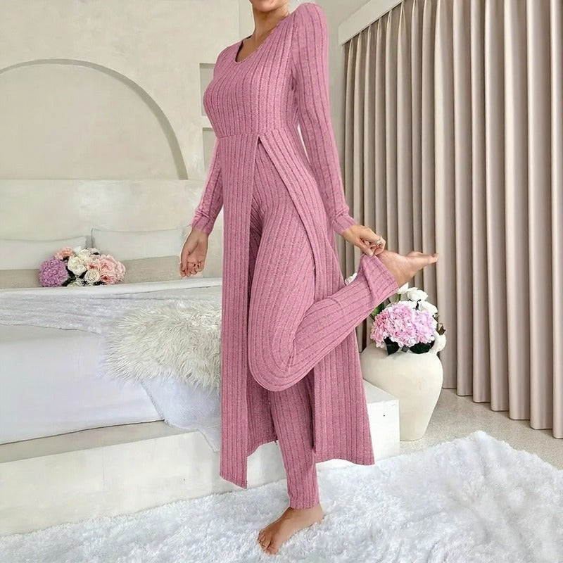 Conjunto Hera™ con Blusa Larga de Efecto Superpuesto y Abertura Lateral, y Pantalón de Cintura Alta