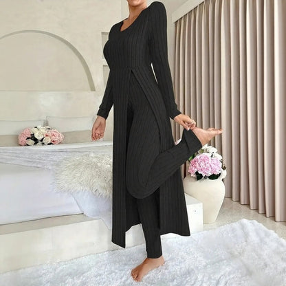 Conjunto Hera™ con Blusa Larga de Efecto Superpuesto y Abertura Lateral, y Pantalón de Cintura Alta