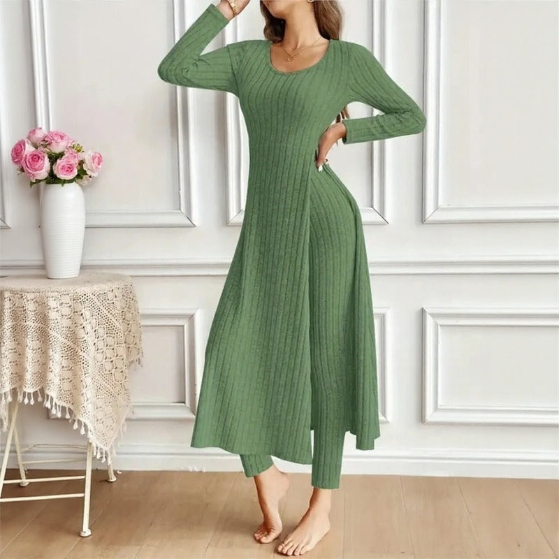 Conjunto Hera™ con Blusa Larga de Efecto Superpuesto y Abertura Lateral, y Pantalón de Cintura Alta
