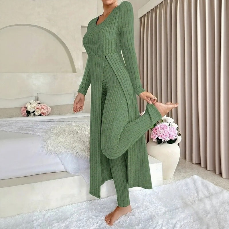 Conjunto Hera™ con Blusa Larga de Efecto Superpuesto y Abertura Lateral, y Pantalón de Cintura Alta