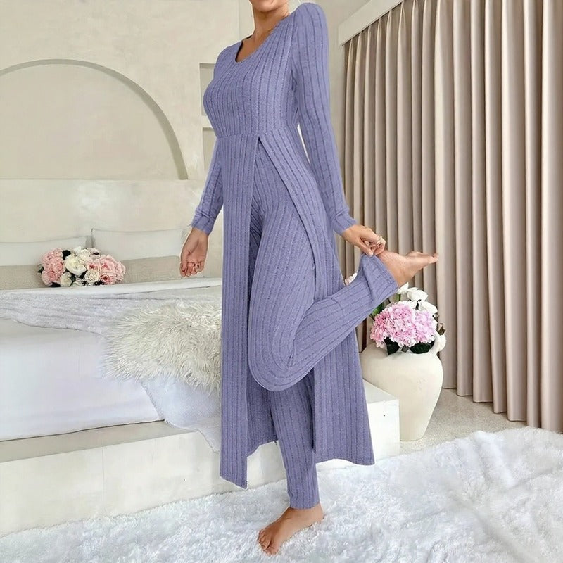 Conjunto Hera™ con Blusa Larga de Efecto Superpuesto y Abertura Lateral, y Pantalón de Cintura Alta