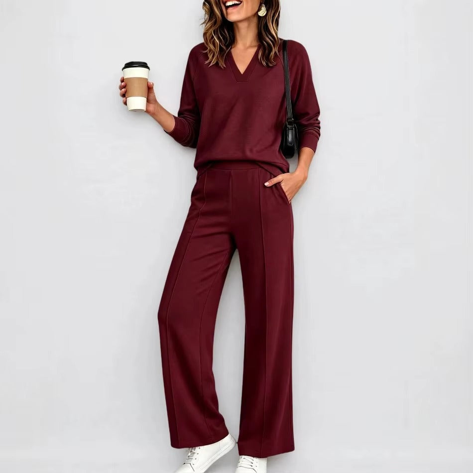Conjunto Catarina™ con Blusa de Manga Larga, Escote en V y Pantalón Palazzo