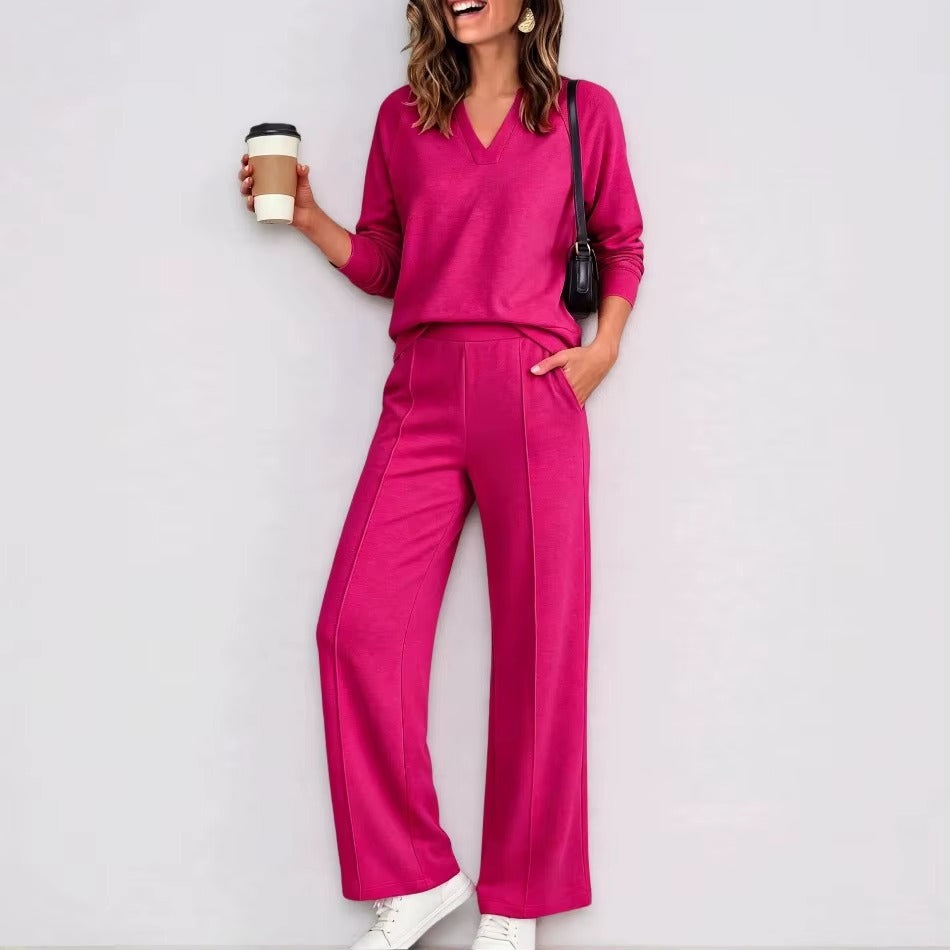 Conjunto Catarina™ con Blusa de Manga Larga, Escote en V y Pantalón Palazzo