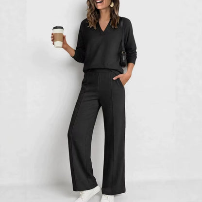 Conjunto Catarina™ con Blusa de Manga Larga, Escote en V y Pantalón Palazzo