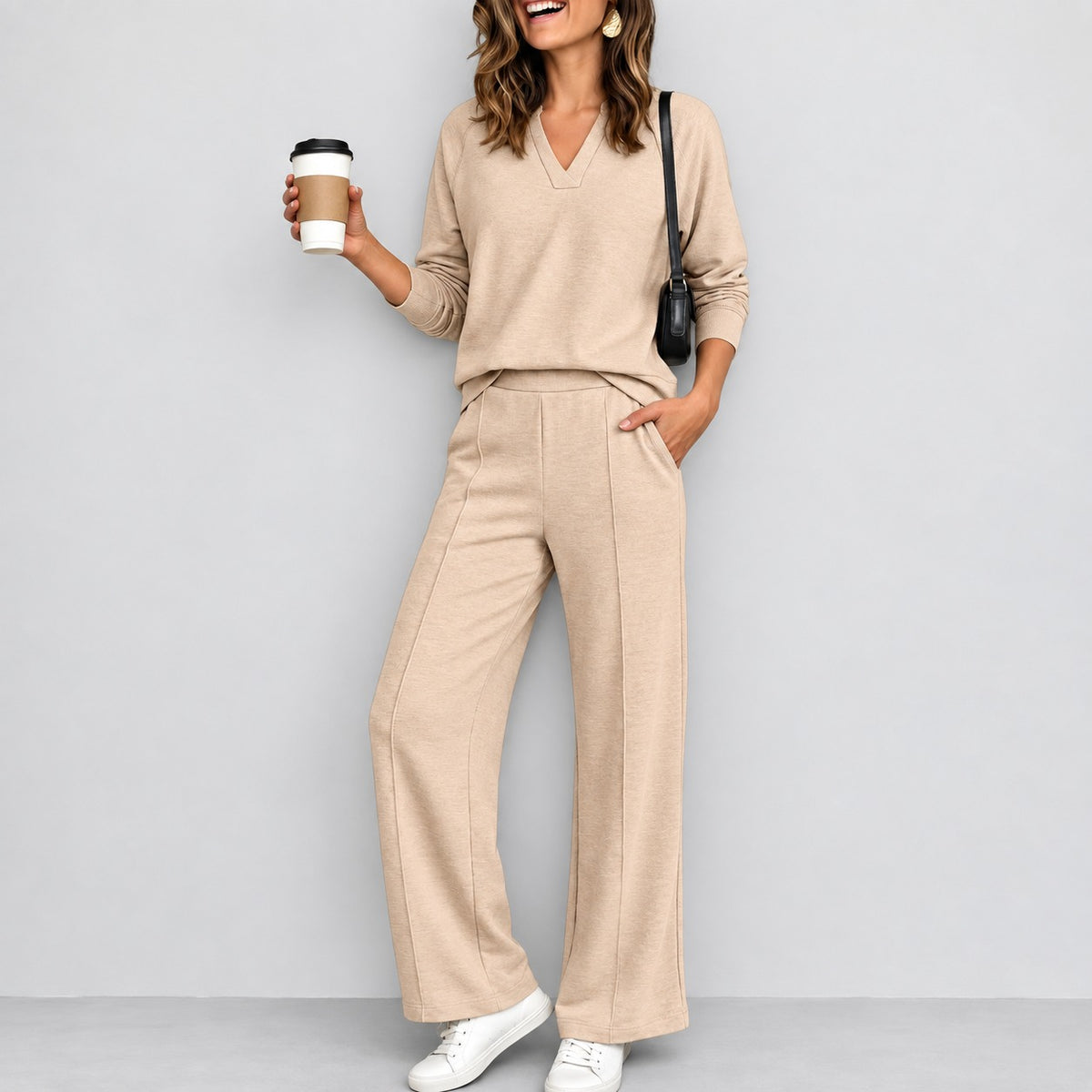 Conjunto Catarina™ con Blusa de Manga Larga, Escote en V y Pantalón Palazzo