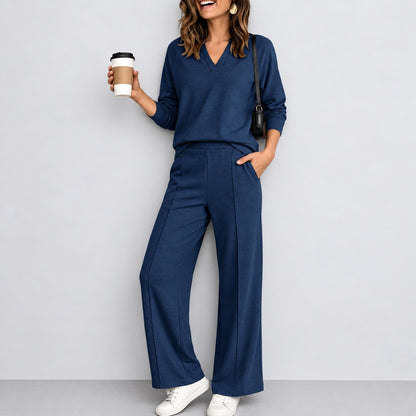 Conjunto Catarina™ con Blusa de Manga Larga, Escote en V y Pantalón Palazzo