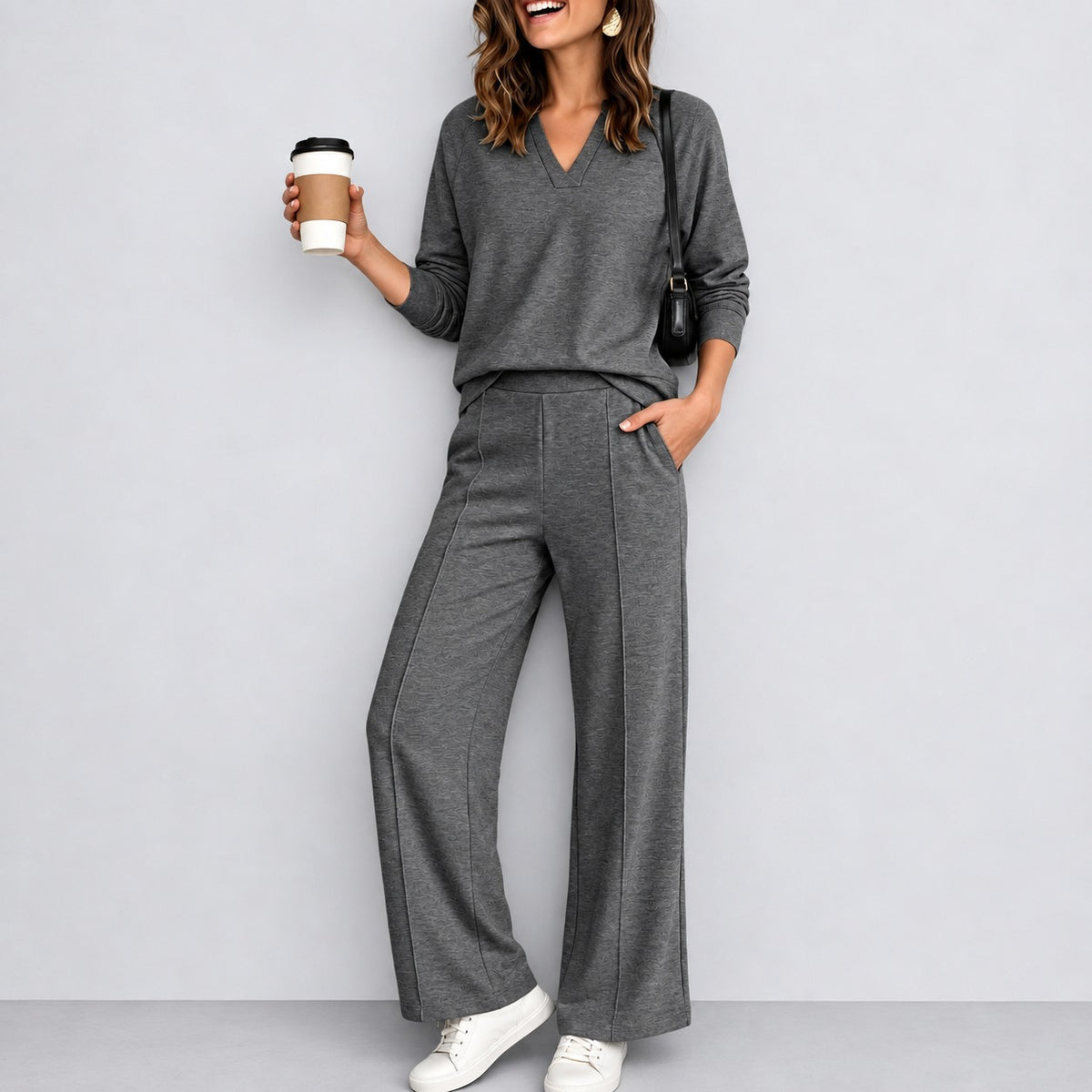 Conjunto Catarina™ con Blusa de Manga Larga, Escote en V y Pantalón Palazzo