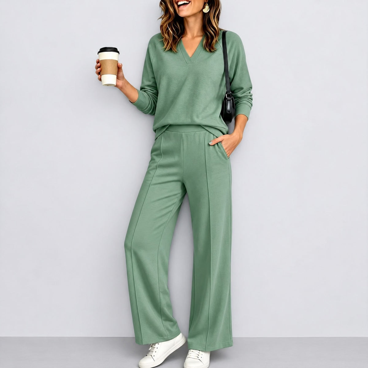 Conjunto Catarina™ con Blusa de Manga Larga, Escote en V y Pantalón Palazzo