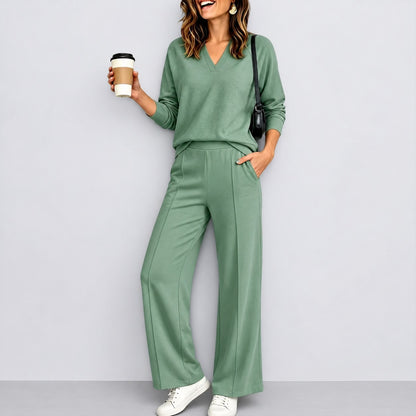 Conjunto Catarina™ con Blusa de Manga Larga, Escote en V y Pantalón Palazzo