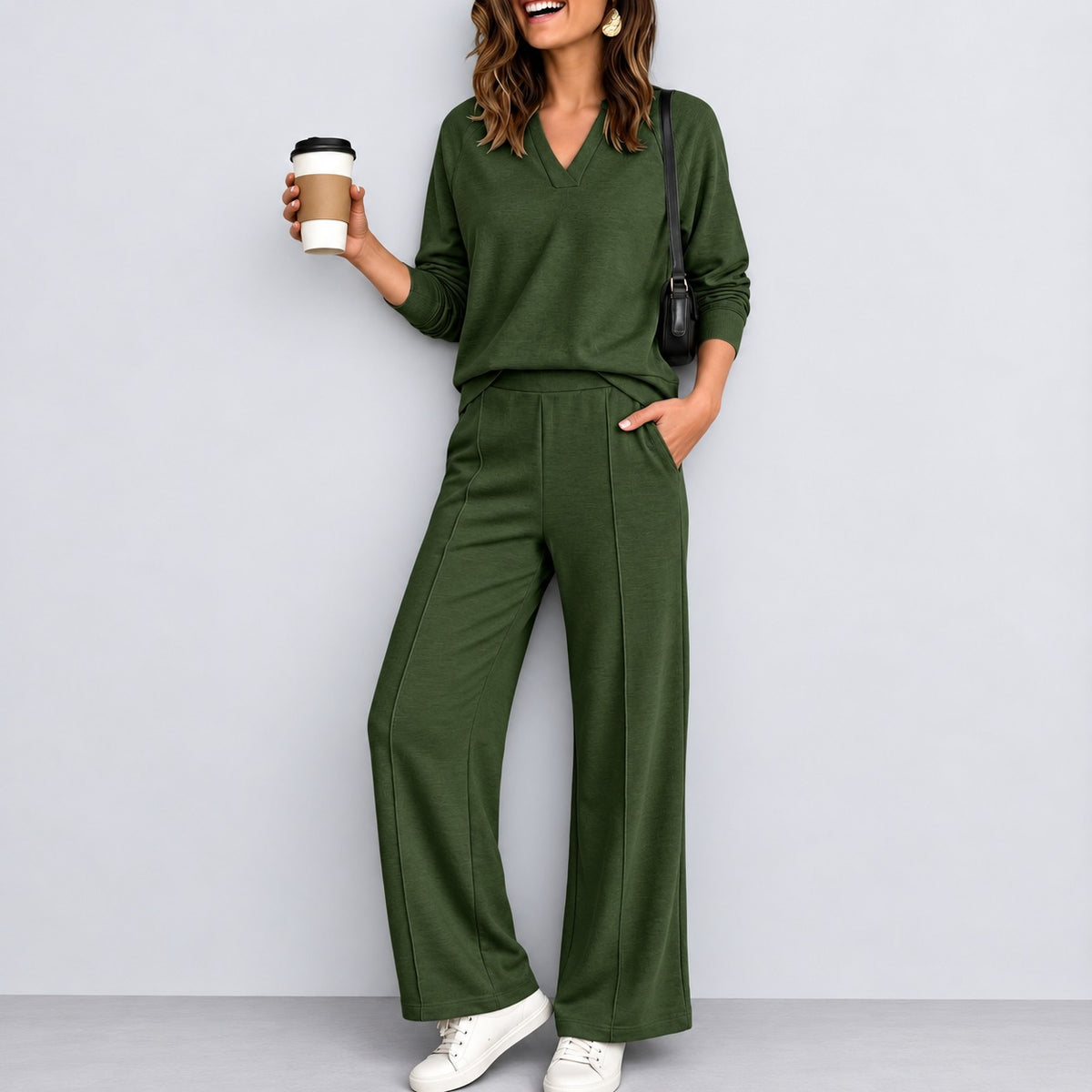 Conjunto Catarina™ con Blusa de Manga Larga, Escote en V y Pantalón Palazzo
