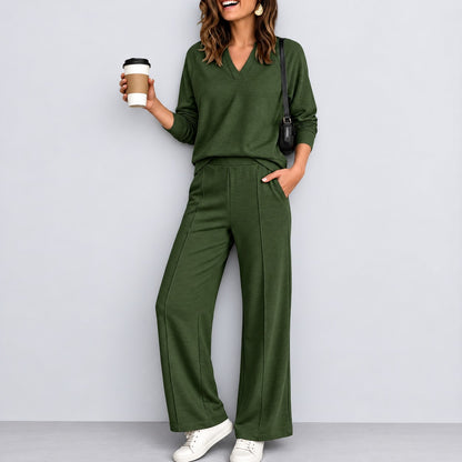 Conjunto Catarina™ con Blusa de Manga Larga, Escote en V y Pantalón Palazzo