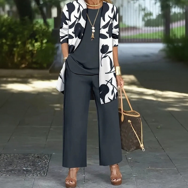 Conjunto Magnolia™ de 3 Piezas con Blusa Holgada, Pantalón de Pierna Ancha y Cárdigan Floral Largo