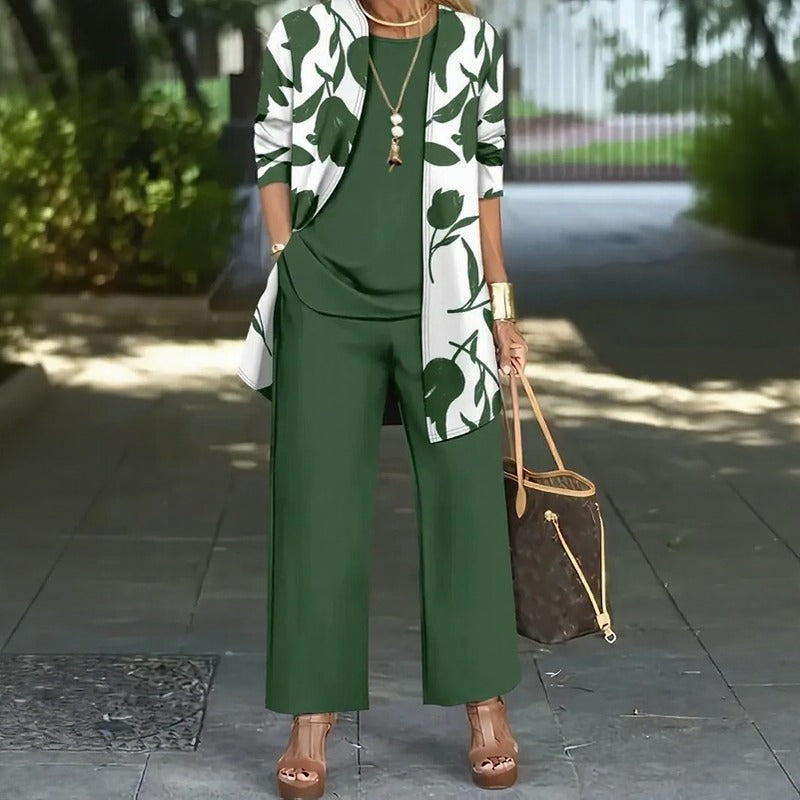 Conjunto Magnolia™ de 3 Piezas con Blusa Holgada, Pantalón de Pierna Ancha y Cárdigan Floral Largo