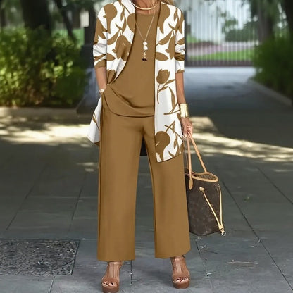 Conjunto Magnolia™ de 3 Piezas con Blusa Holgada, Pantalón de Pierna Ancha y Cárdigan Floral Largo