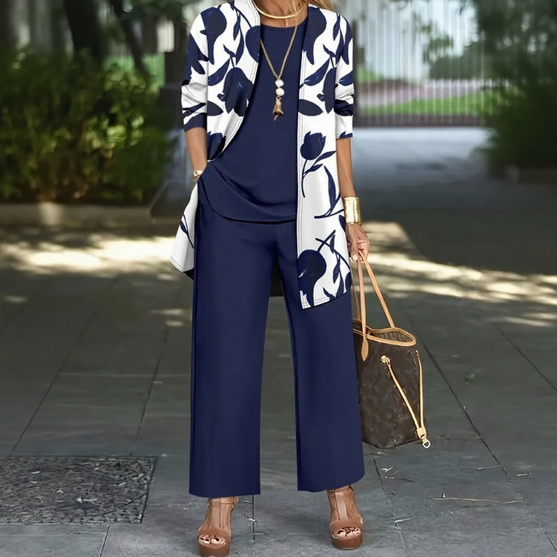 Conjunto Magnolia™ de 3 Piezas con Blusa Holgada, Pantalón de Pierna Ancha y Cárdigan Floral Largo