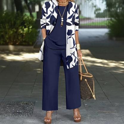Conjunto Magnolia™ de 3 Piezas con Blusa Holgada, Pantalón de Pierna Ancha y Cárdigan Floral Largo