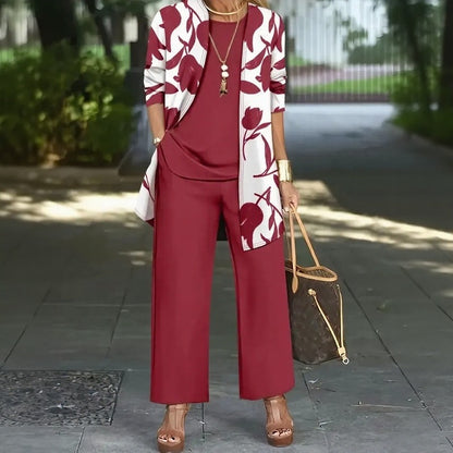 Conjunto Magnolia™ de 3 Piezas con Blusa Holgada, Pantalón de Pierna Ancha y Cárdigan Floral Largo