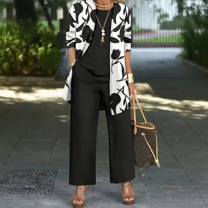 Conjunto Magnolia™ de 3 Piezas con Blusa Holgada, Pantalón de Pierna Ancha y Cárdigan Floral Largo