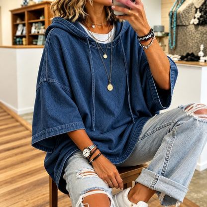 Blusa Aitana™ de Mezclilla con Capucha, Mangas 3/4 Amplias y Corte Holgado
