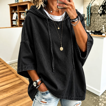 Blusa Aitana™ de Mezclilla con Capucha, Mangas 3/4 Amplias y Corte Holgado