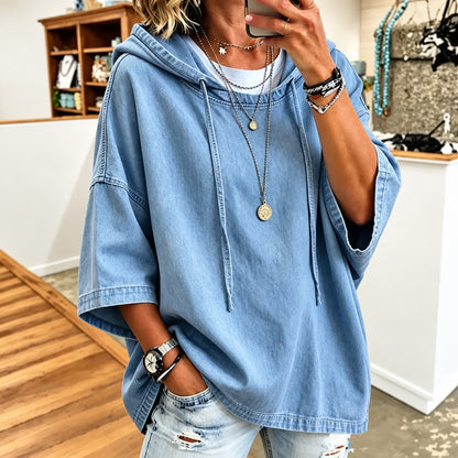 Blusa Aitana™ de Mezclilla con Capucha, Mangas 3/4 Amplias y Corte Holgado