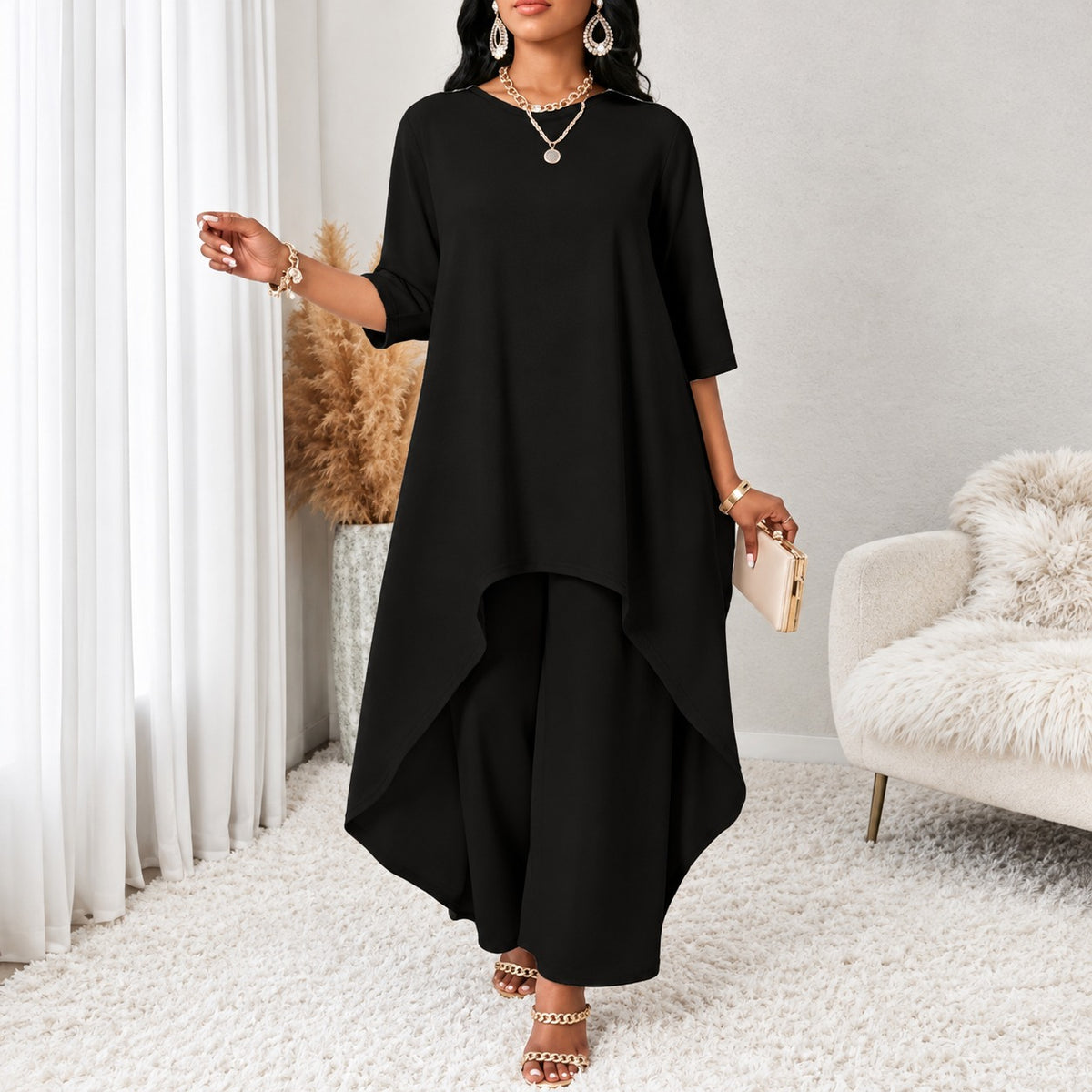 Conjunto Mariela™ con Blusa Larga Asimétrica y Pantalón de Pierna Ancha