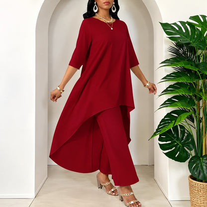 Conjunto Mariela™ con Blusa Larga Asimétrica y Pantalón de Pierna Ancha
