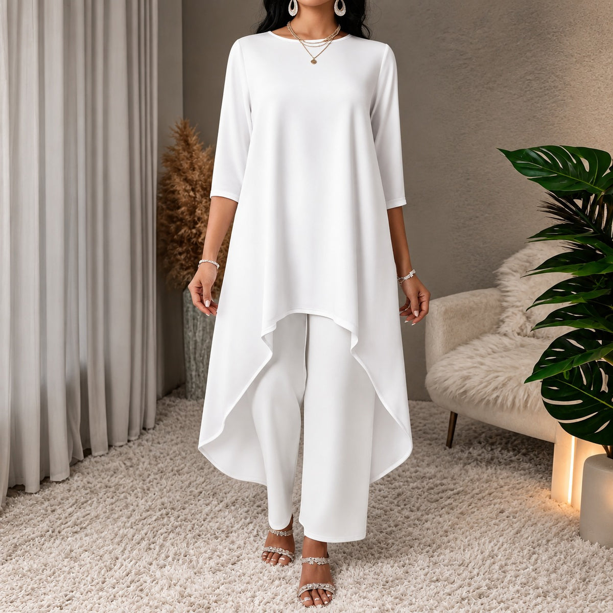 Conjunto Mariela™ con Blusa Larga Asimétrica y Pantalón de Pierna Ancha