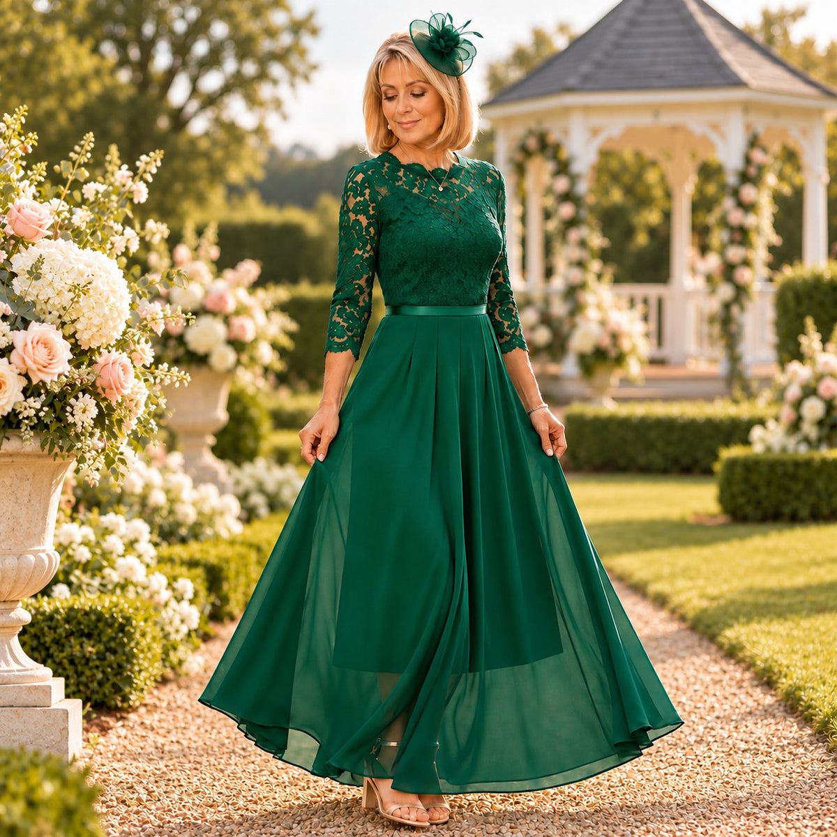 Vestido Amalia™ con Detalles de Encaje Floral y Mangas 3/4