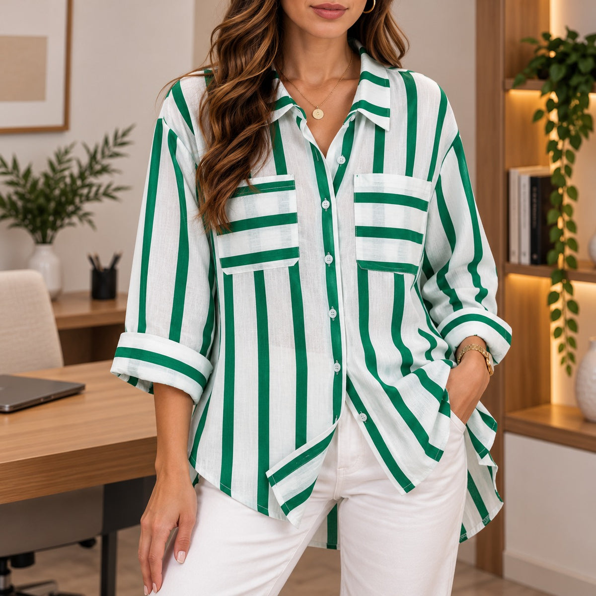 Camisa Riviera™ con Rayas Contrastantes, Bolsillos Frontales y Corte Amplio