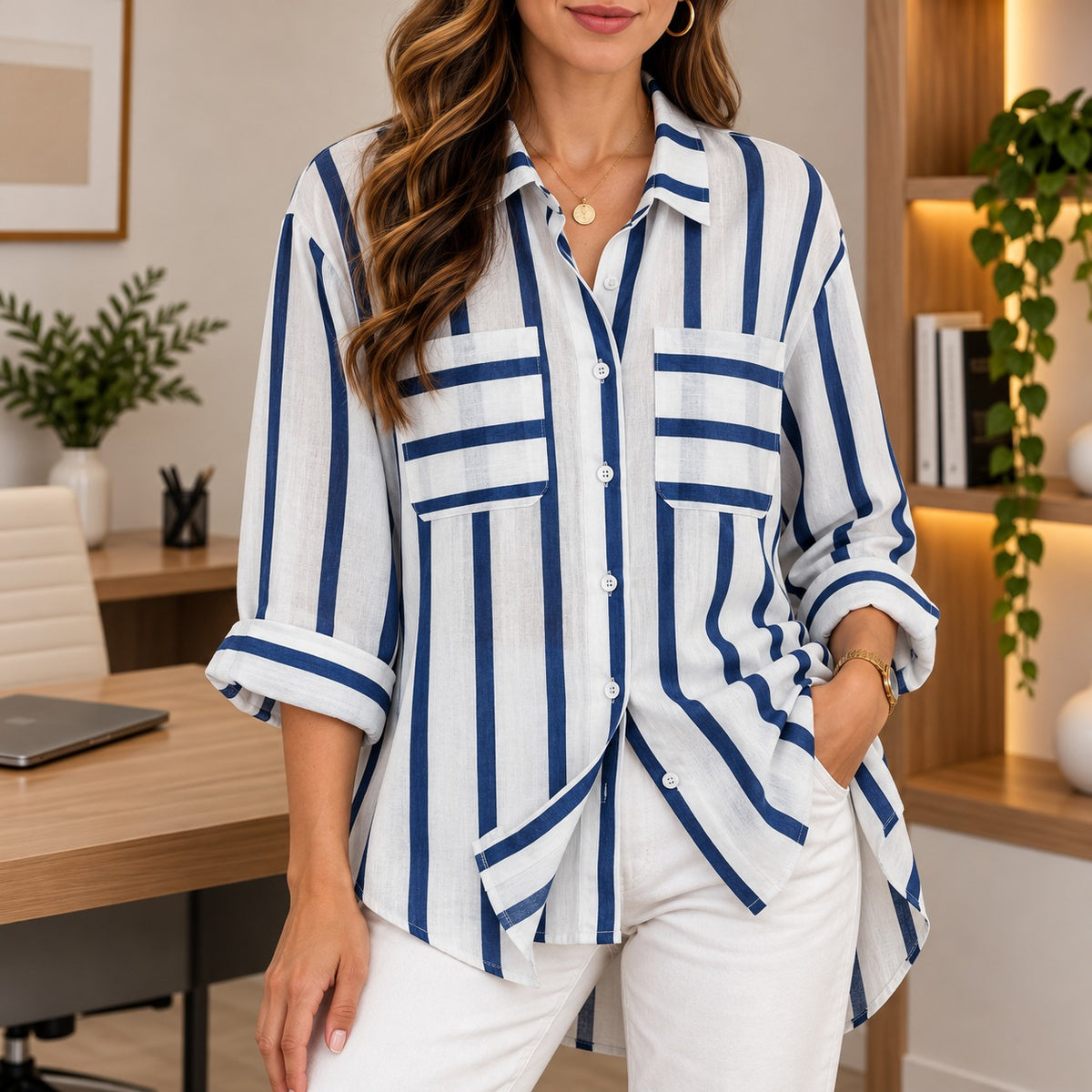 Camisa Riviera™ con Rayas Contrastantes, Bolsillos Frontales y Corte Amplio