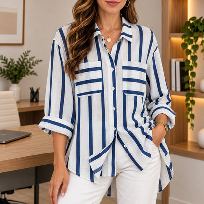 Camisa Riviera™ con Rayas Contrastantes, Bolsillos Frontales y Corte Amplio