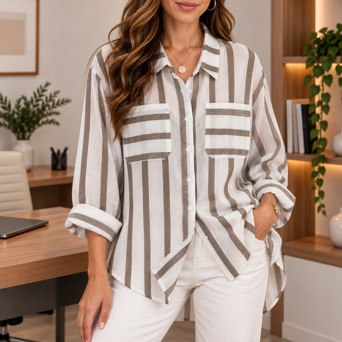 Camisa Riviera™ con Rayas Contrastantes, Bolsillos Frontales y Corte Amplio