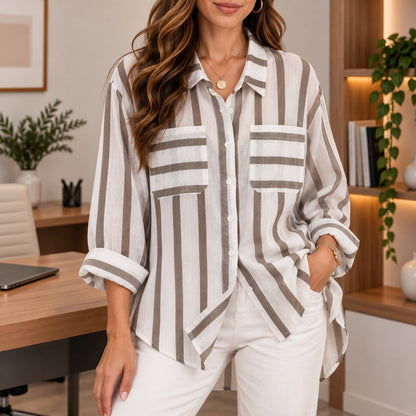 Camisa Riviera™ con Rayas Contrastantes, Bolsillos Frontales y Corte Amplio
