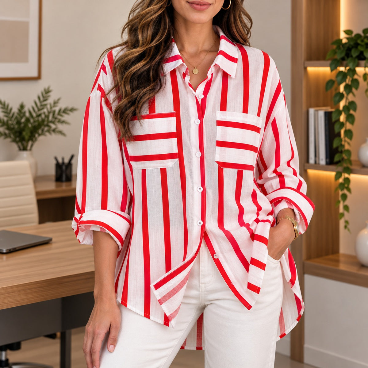 Camisa Riviera™ con Rayas Contrastantes, Bolsillos Frontales y Corte Amplio