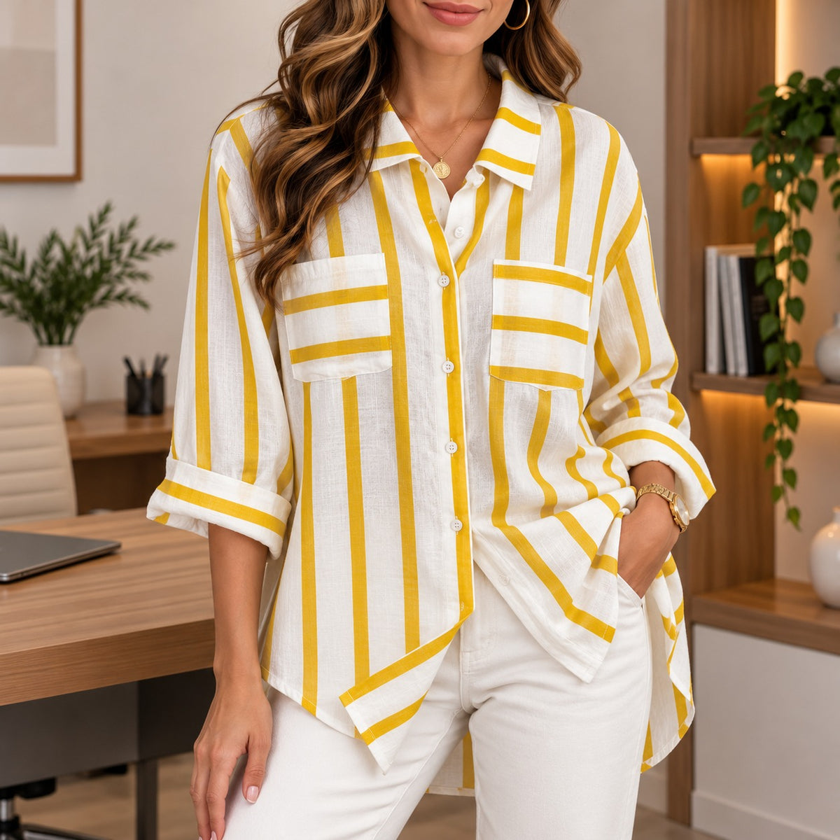 Camisa Riviera™ con Rayas Contrastantes, Bolsillos Frontales y Corte Amplio
