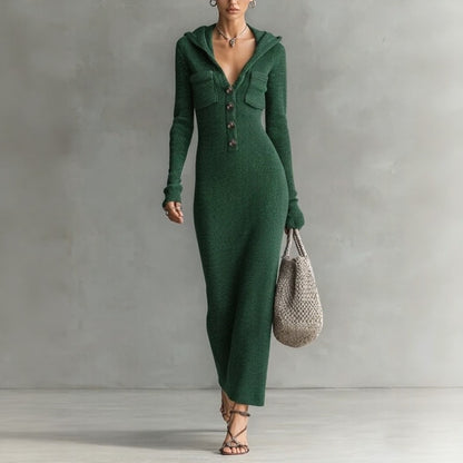 Vestido Noemi™ de Tejido Acanalado con Capucha y Botones Frontales Elegantes