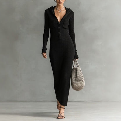 Vestido Noemi™ de Tejido Acanalado con Capucha y Botones Frontales Elegantes