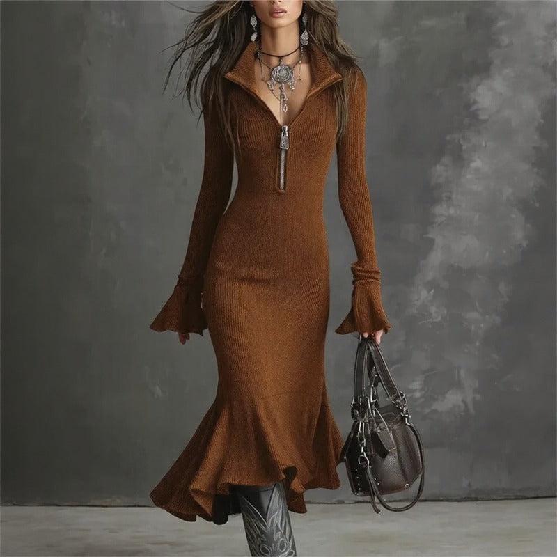 Vestido Evora Luxe™ En Punto Acanalado Con Cremallera Frontal y Falda Sirena