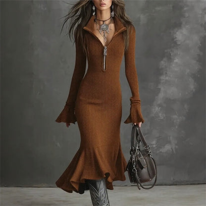 Vestido Evora Luxe™ En Punto Acanalado Con Cremallera Frontal y Falda Sirena