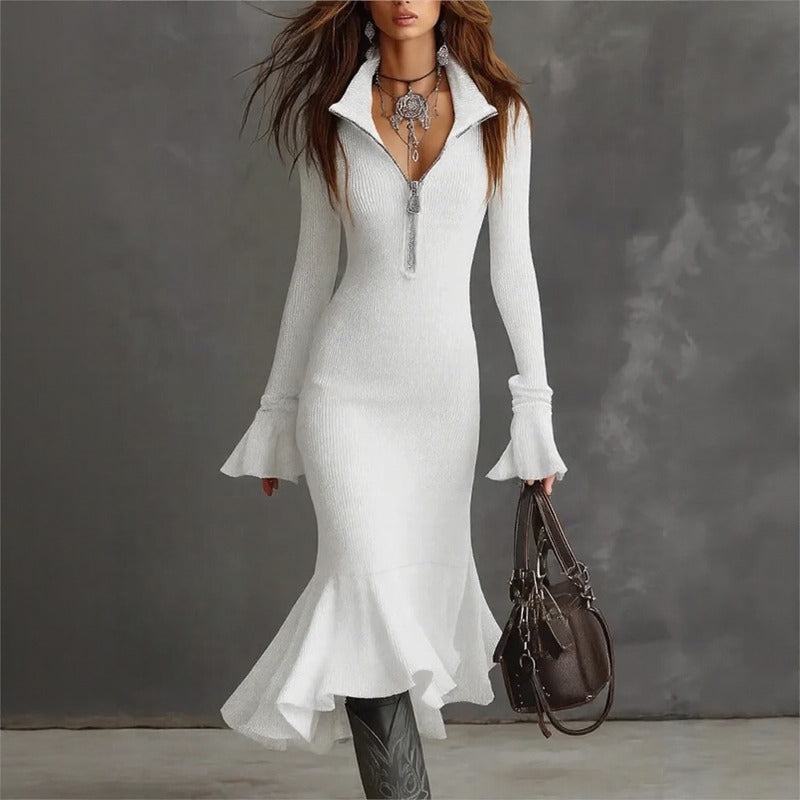 Vestido Evora Luxe™ En Punto Acanalado Con Cremallera Frontal y Falda Sirena
